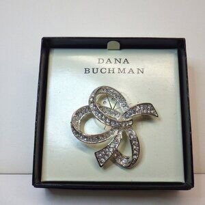 Dana Buchman NIB Ribbon Curl Brooch Silver and Rhinestone Gift/Brand New/Rare